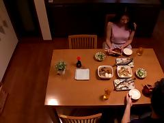 Asian babe in miniskirt getting her cunt fondled in the kitchen