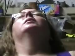 Slutty four-eyed large bewitching woman bitch has a loose fur pie which needs a big tool