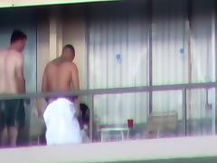 Spy clip scene of meaty brawny man fucking sexually excited angel on a balcony