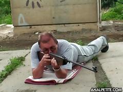Horny old guy has anal sex outdoors with a buxom teen