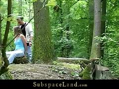 In the forest he ties her to a fallen tree and fucks her