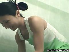 Asian cowgirl enjoys a messy solo session in the shower