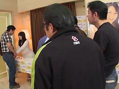 Japanese girl gets gangbanged and receives facials from a group of men