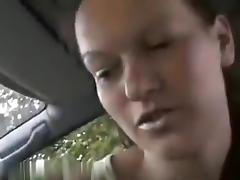Pretty brunette milf wife make a risky public sex fun inside the car near a road