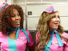 Blonde stewardess has her pussy eaten out and fucked by the pilot