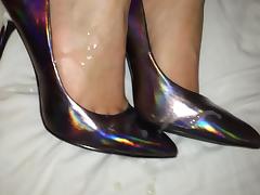 Shoejob and cum on her holograph heels