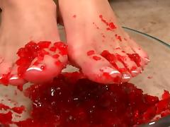 Foot fun with food on her toes then he cums on her feet