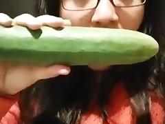 Teasing fat bitch takes a cucumber