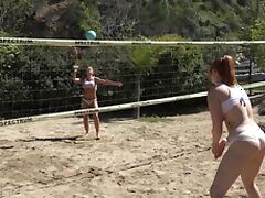 Group of friends playing volleyball decided to have massive orgy after