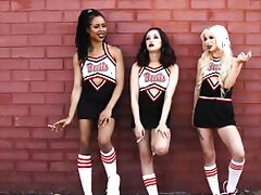 Three slutty cheerleaders share one cock and eat all of the cum