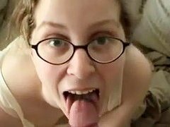 It all starts with a blowjob and ends with one too The cute wife in her glasses gets him going with