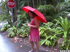 Chick Gets Caught In The Rain So Takes A Ride