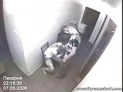 Doggyfuck and missionary pose takes place in the bakery and security cam is watching this