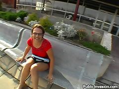 Busty Chick in Glasses Sucking Cock for Facial Cumshot in Public POV
