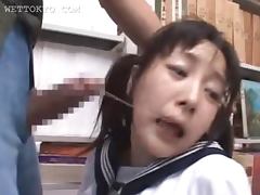 Brunette asian mouth fucked hard in school library