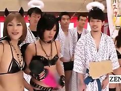 Subtitled Japanese orgy extras glumly wait their turn