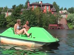 Titted golden-haired drilled hard in a boat