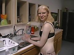 Blonde Wearing a Black Bra Likes to Give Handjobs In the Kitchen