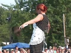 Exhibitionist Redheaded MILF Dances Naked in Front of a Crowd