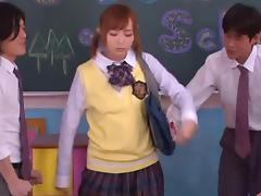 Yuu Namiki nice Asian teen in school uniform in threesome
